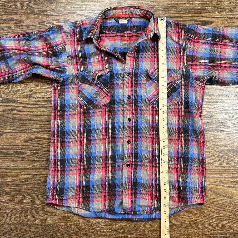 Vintage OshKosh B'Gosh Mens Large Plaid Flannel Button Down Shirt Blue Red Grey - Picture 9 of 11